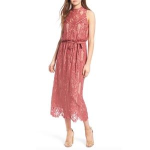 Wayf mock neck pink lace midi dress S.